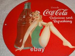 Vintage Coca Cola Swimsuit Woman 11 3/4 Porcelain Metal Soda, Gasoline Oil Sign