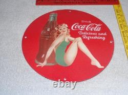 Vintage Coca Cola Swimsuit Woman 11 3/4 Porcelain Metal Soda, Gasoline Oil Sign