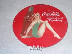 Vintage Coca Cola Swimsuit Woman 11 3/4 Porcelain Metal Soda, Gasoline Oil Sign