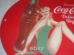 Vintage Coca Cola Swimsuit Woman 11 3/4 Porcelain Metal Soda, Gasoline Oil Sign