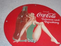 Vintage Coca Cola Swimsuit Woman 11 3/4 Porcelain Metal Soda, Gasoline Oil Sign