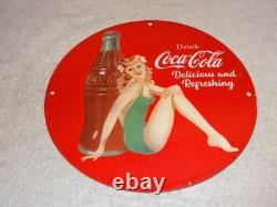 Vintage Coca Cola Swimsuit Woman 11 3/4 Porcelain Metal Soda, Gasoline Oil Sign