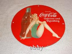 Vintage Coca Cola Swimsuit Woman 11 3/4 Porcelain Metal Soda, Gasoline Oil Sign