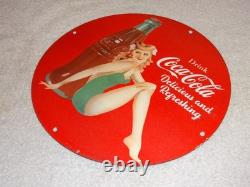 Vintage Coca Cola Swimsuit Woman 11 3/4 Porcelain Metal Soda, Gasoline Oil Sign