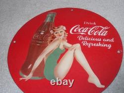 Vintage Coca Cola Swimsuit Woman 11 3/4 Porcelain Metal Soda, Gasoline Oil Sign