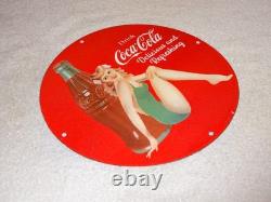 Vintage Coca Cola Swimsuit Woman 11 3/4 Porcelain Metal Soda, Gasoline Oil Sign