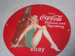 Vintage Coca Cola Swimsuit Woman 11 3/4 Porcelain Metal Soda, Gasoline Oil Sign