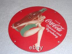 Vintage Coca Cola Swimsuit Woman 11 3/4 Porcelain Metal Soda, Gasoline Oil Sign