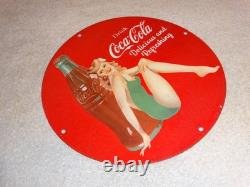 Vintage Coca Cola Swimsuit Woman 11 3/4 Porcelain Metal Soda, Gasoline Oil Sign