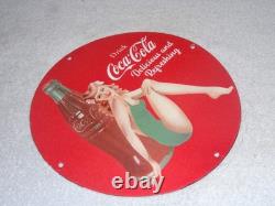 Vintage Coca Cola Swimsuit Woman 11 3/4 Porcelain Metal Soda, Gasoline Oil Sign