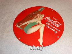 Vintage Coca Cola Swimsuit Woman 11 3/4 Porcelain Metal Soda, Gasoline Oil Sign