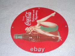 Vintage Coca Cola Swimsuit Woman 11 3/4 Porcelain Metal Soda, Gasoline Oil Sign