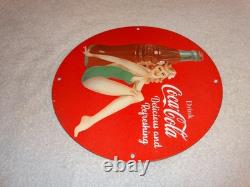 Vintage Coca Cola Swimsuit Woman 11 3/4 Porcelain Metal Soda, Gasoline Oil Sign