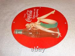 Vintage Coca Cola Swimsuit Woman 11 3/4 Porcelain Metal Soda, Gasoline Oil Sign