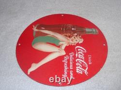 Vintage Coca Cola Swimsuit Woman 11 3/4 Porcelain Metal Soda, Gasoline Oil Sign