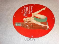 Vintage Coca Cola Swimsuit Woman 11 3/4 Porcelain Metal Soda, Gasoline Oil Sign