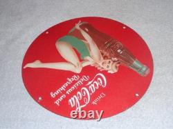 Vintage Coca Cola Swimsuit Woman 11 3/4 Porcelain Metal Soda, Gasoline Oil Sign