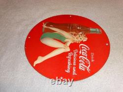 Vintage Coca Cola Swimsuit Woman 11 3/4 Porcelain Metal Soda, Gasoline Oil Sign