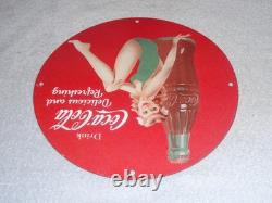 Vintage Coca Cola Swimsuit Woman 11 3/4 Porcelain Metal Soda, Gasoline Oil Sign