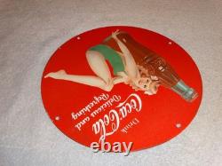 Vintage Coca Cola Swimsuit Woman 11 3/4 Porcelain Metal Soda, Gasoline Oil Sign