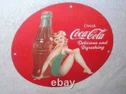 Vintage Coca Cola Swimsuit Woman 11 3/4 Porcelain Metal Soda, Gasoline Oil Sign
