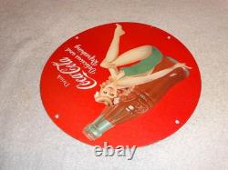 Vintage Coca Cola Swimsuit Woman 11 3/4 Porcelain Metal Soda, Gasoline Oil Sign