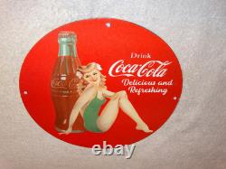 Vintage Coca Cola Swimsuit Woman 11 3/4 Porcelain Metal Soda, Gasoline Oil Sign