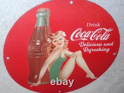 Vintage Coca Cola Swimsuit Woman 11 3/4 Porcelain Metal Soda, Gasoline Oil Sign