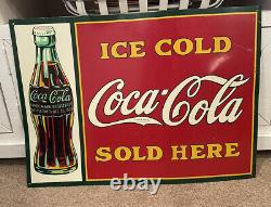 Vintage Coca Cola Tin Metal 20 X 28 sign Ice Cold Sold Here Pat'D Dec 1923