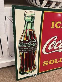 Vintage Coca Cola Tin Metal 20 X 28 sign Ice Cold Sold Here Pat'D Dec 1923