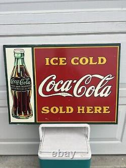 Vintage Coca Cola Tin sign SST 28x 20 Ice Cold Sold Here Trade Mark