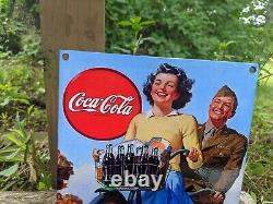 Vintage Coca-cola Army Porcelain Gas Station Sign Coke 12 X 8