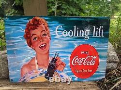 Vintage Coca-cola Cooling Lift Porcelain Soda Enamel Gas Station Sign Coke