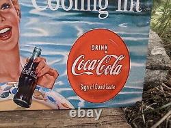 Vintage Coca-cola Cooling Lift Porcelain Soda Enamel Gas Station Sign Coke