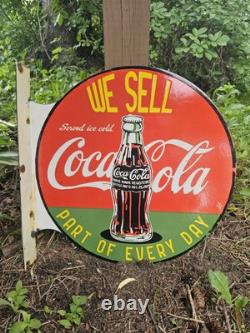 Vintage Coca-cola Double-sided Flange Porcelain Sign We Sell Coke 17