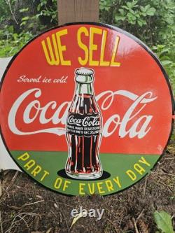 Vintage Coca-cola Double-sided Flange Porcelain Sign We Sell Coke 17