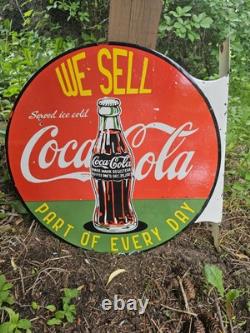 Vintage Coca-cola Double-sided Flange Porcelain Sign We Sell Coke 17