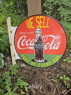 Vintage Coca-cola Double-sided Flange Porcelain Sign We Sell Coke 17 Gas Sign