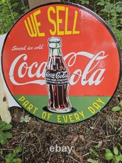 Vintage Coca-cola Double-sided Flange Porcelain Sign We Sell Coke 17 Gas Sign