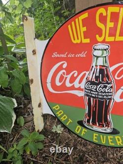 Vintage Coca-cola Double-sided Flange Porcelain Sign We Sell Coke 17 Gas Sign