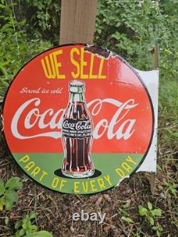 Vintage Coca-cola Double-sided Flange Porcelain Sign We Sell Coke 17 Gas Sign