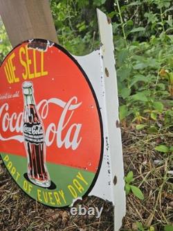 Vintage Coca-cola Double-sided Flange Porcelain Sign We Sell Coke 17 Gas Sign