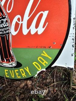Vintage Coca-cola Double-sided Flange Porcelain Sign We Sell Coke 17 Gas Sign