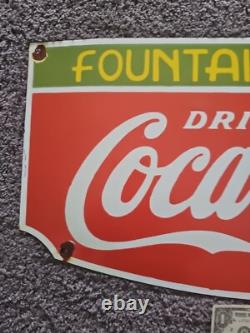 Vintage Coca-cola Fountain Service Porcelain Sign Very Heavy 24x 12