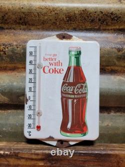 Vintage Coca-cola Porcelain Sign Soda Old Thermometer Coke Beverage Food Drink