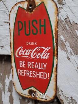 Vintage Coca-cola Porcelain Soda Sign Door Palm Push Beverage Advertising Gas