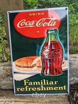 Vintage Coca-cola Refreshment Porcelain Gas Station Sign Coke 12 X 8