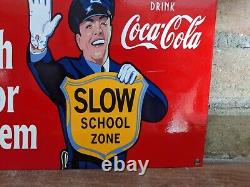 Vintage Coca-cola Slow School Zone Porcelain Gas Station Sign Coke 12 X 8