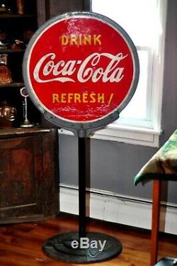 Vintage Coke Lollipop Porcelain Sign & original Cast Iron Stand
