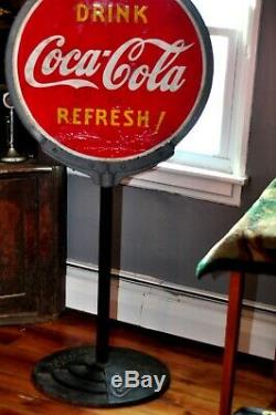 Vintage Coke Lollipop Porcelain Sign & original Cast Iron Stand